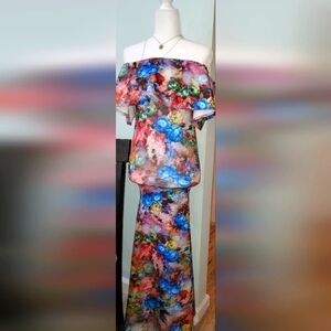 Veronique Blue Multicolor Floral print-off Shoulder Maxi Dress